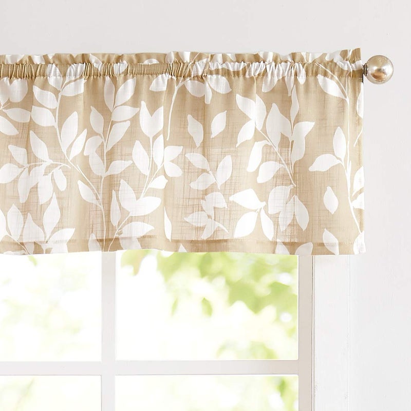 Treatmentex Leaf Valance Window Curtain for Kitchen Basement Bedroom 52" W x 15" L Taupe and White 1 Panel - Image 1